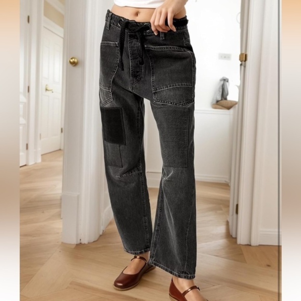 NWOT Baggy Barrel Jeans with Patchwork Low Rise Drawstring Denim